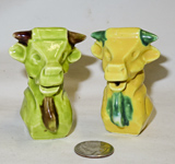 Green & yellow square faced cow head creamers