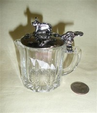 pressed glass creamer with metal lid with cow
