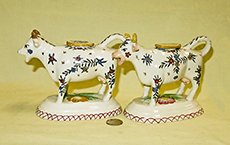 2 Tin glazed kent style cow creamers, side