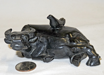 Chinese black stone water pot of reclining water buffalo with bird on lid